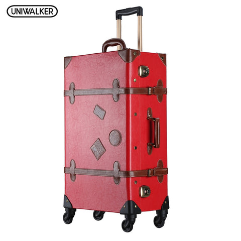 Uniwalker 20"-26"Red Vintage Suitcase Pu Leather Travel Suitcase , Scratch Resistant Rolling