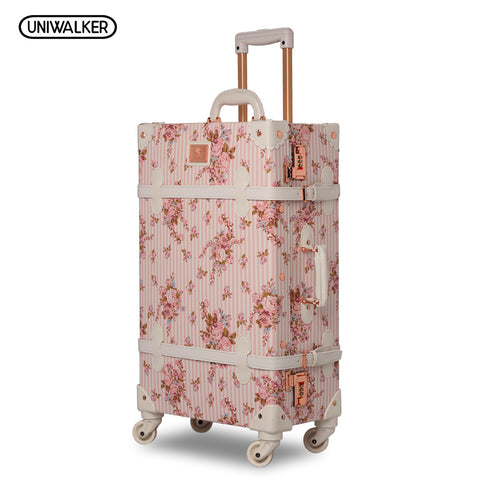 Uniwalker 13" 20" 22" 24" 26" 2Pcs/Set Women Retro Floral Trolley Luggage Suitcase, Girl Pink