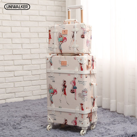 Uniwalker 20" - 26" Fashion Girl Retro Rolling Luggage Bagages Pu Leather Suitcase Trunk Vintage