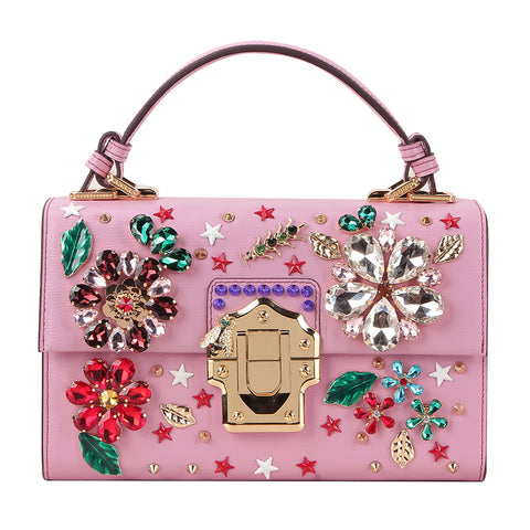 Luxury Flower Diamonds Shoulder Bag Retro Genuine Leather Bag Cow Leather Messenger Bag Owl Handbag