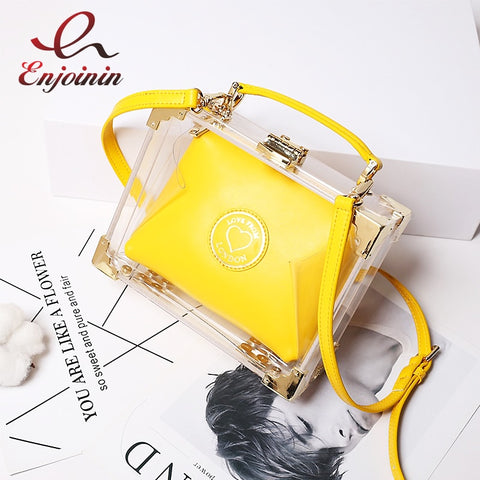 High Quality Stylish Acrylic Clear Box Shape Leather Women'S Handbag Shoulder Bag Casual Totes