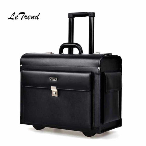 Letrend Cow Genuine Leather Rolling Luggage Pilots/Captains Dedicated Flight Trolley Cabin