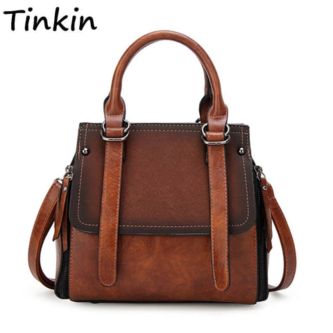 Tinkin Pu Leather Women Handbag Vintage Tote Bag  Panelled Stone Women Shoulder Bag Messenger Bag