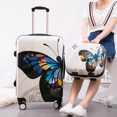 14 28Inch(2 Pieces/Set) Pc Butterfly Trolley Luggage Set,Female Fashion Travel Luggage Bags Set