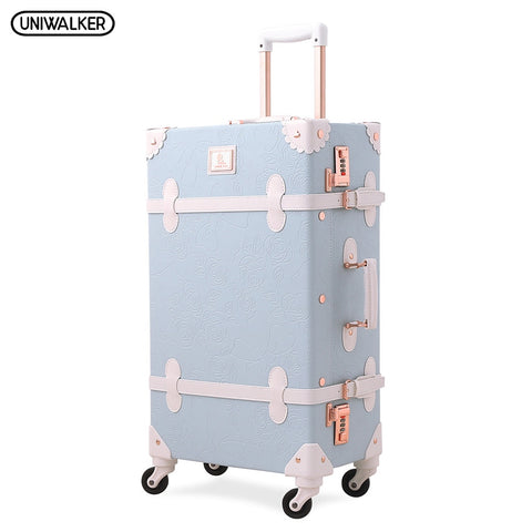 Uniwalker Light Blue Retro Rolling Luggage With Adjustable Rod Spinner Wheels Vintage Cute Suitcase