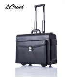 Letrend 100% Cow Leather Luxury Business Trolley Suitcase Pilot Captain Rolling Luggage Mens