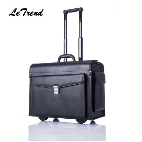 Letrend 100% Cow Leather Luxury Business Trolley Suitcase Pilot Captain Rolling Luggage Mens