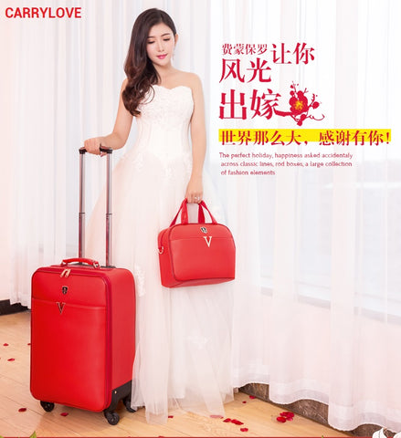 Carrylove Fashion Chinese Red  20/24 Inch Pu Handbag And Rolling Luggage Spinner Brand Travel