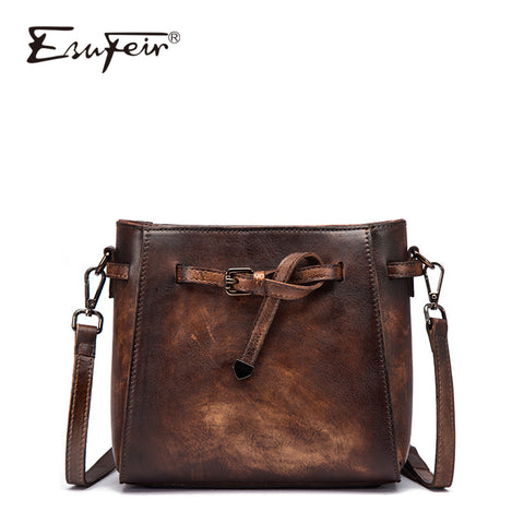 Esufeir New Fashion Wipe Color Genuine Leather Women Bucket Bag Vintage Design Women Crossbody