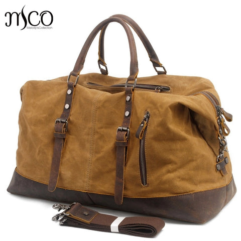 Mco Vintage Waxed Canvas Men Travel Duffel Large Capacity Oiled Leather Military Weekend Bag