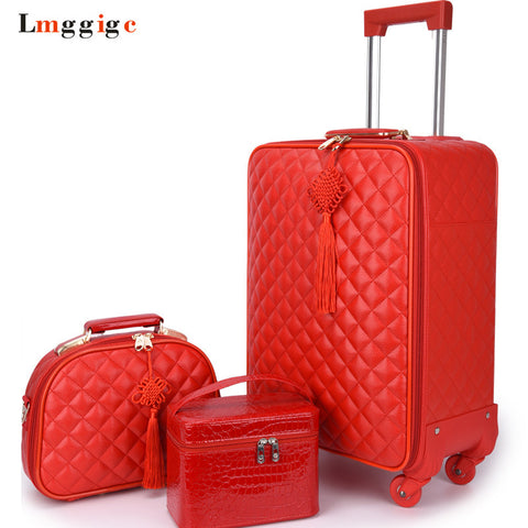 Women 'S Travel Rolling Luggage Suitcase Bag Set,Red Waterproof Pu Leather Bag With Wheel ,20"24"