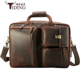 17" Laptop Briefcase Travel Crazy Horse Leather Handbag Bags For Men Large Capacity Vintage