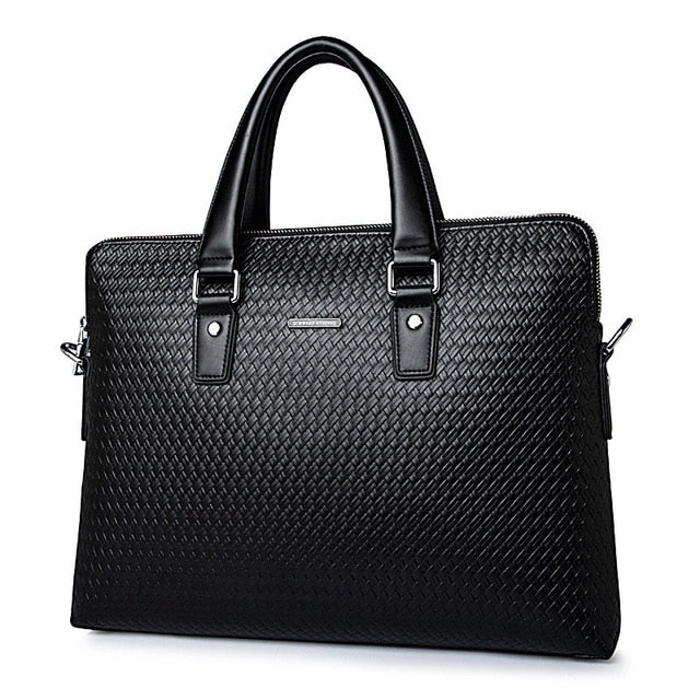 New Luxury Genuine Leather Business Men'S Briefcase Woven Pattern Shoulder Bag Cowhide Men'S