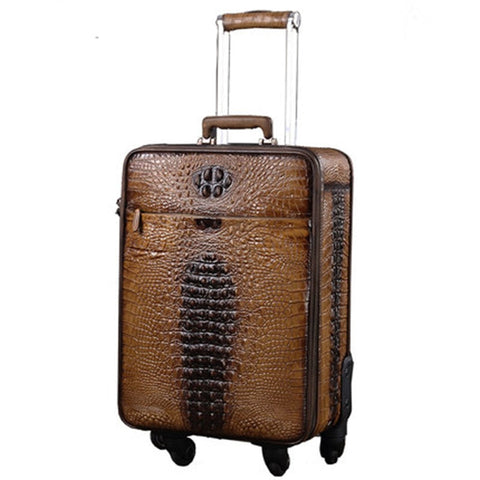 Letrend 100% Genuine Leather Spinner Suitcases Wheel Vintage Rolling Luggage Trolley 18 Inch