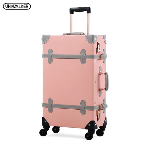 Uniwalker Women Crystal Pink Vintage Pu Leather Suitcase Travel Trolley Beautiful Rolling Luggage