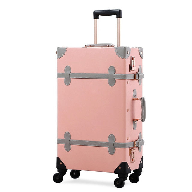 Uniwalker Women Crystal Pink Vintage Pu Leather Suitcase Travel Trolley Beautiful Rolling Luggage