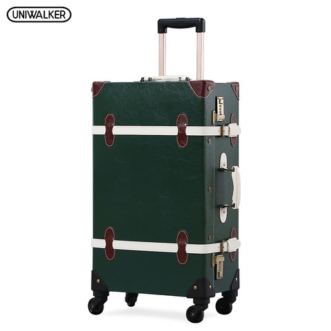 Uniwalker Pu Leather Dark Green Retro Rolling  Luggage 20''22''24''26'' Set Travel Trolley Suitcase
