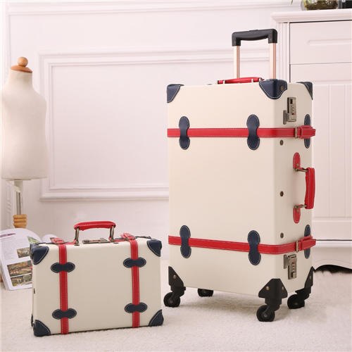 Uniwalker White Pu Leather Retro2''24''26'' Rolling Luggage 20'' Carry On Vintage Suitcase With Red