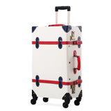 Uniwalker White Pu Leather Retro2''24''26'' Rolling Luggage 20'' Carry On Vintage Suitcase With Red
