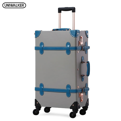 Uniwalker Retro Pu Leather Rolling Luggage Travel Trolley Vintage Suitcase With Spinner Wheels