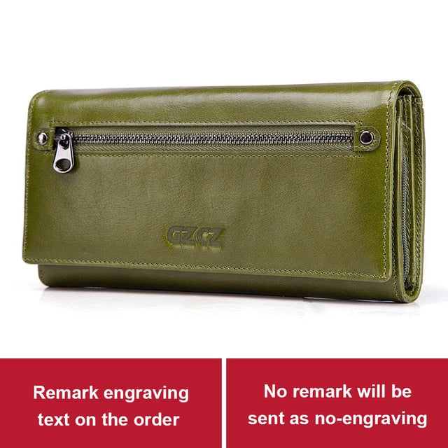 Gzcz Free Engraving Women Genuine Leather Wallets Bifold Rfid Wallet Female Zipper Poucht Long