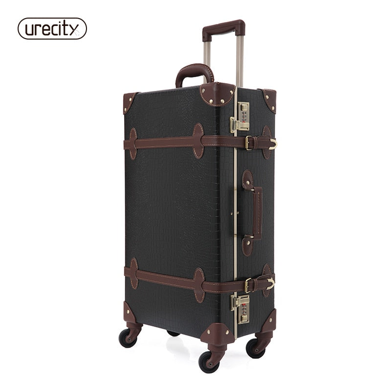 2018 Retro Luggage Crocodile Leather Suitcase Black And Brown Travel Luggage Spinner High Quality