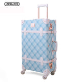 Uniwalker 20" - 26" Spinner Wheels Retro Light Blue Pu Leather Suitcase Women Trunk Vintage