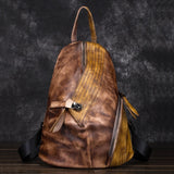 Men Women Genuine Leather Backpack Daypack Knapsack First Layer Cowhide Patchwork Brush Color