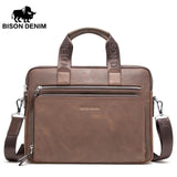 Bison Denim Brand Men'S Briefcase Satchel Bags Genuine Leather 14" Laptop Handbag Business