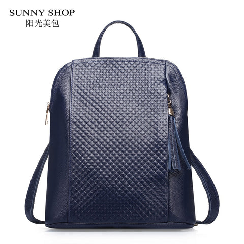 Sunny Shop Luxury 100% Genuine Leather Backpack Women 2018 Fashion Plaid Female Cow Leather
