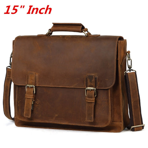 Luxury Pure Handmade Crazy Horse Leather Business Briefcase Casual 15" Inch Laptop Bag Big