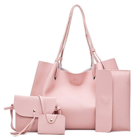 4Pcs Fashion Women'S Pu Leather Handbags Purse Shoulder Bags Casual Tassel Tote Bags