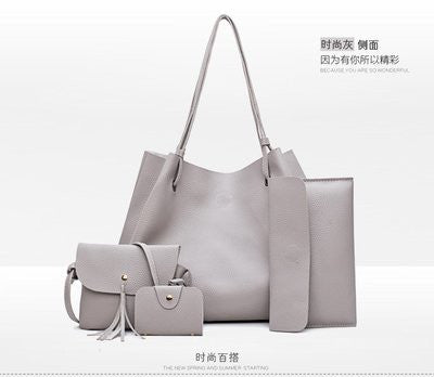 4Pcs Fashion Women'S Pu Leather Handbags Purse Shoulder Bags Casual Tassel Tote Bags