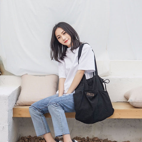 Summer Thin Cotton Canvas Drawstring Eco Shopping Tote Shoulder Bag Big Outer Pocket G01