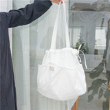 Summer Thin Cotton Canvas Drawstring Eco Shopping Tote Shoulder Bag Big Outer Pocket G01