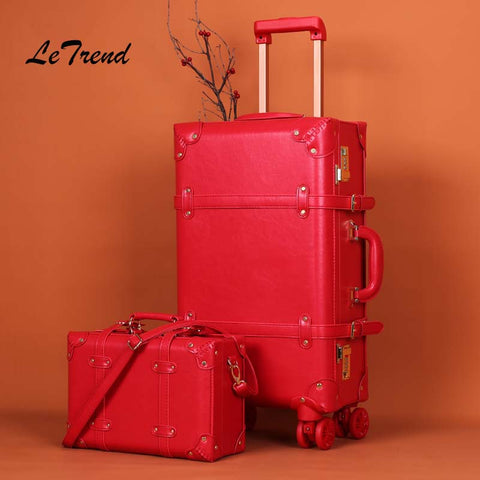 Letrend Big Red Wedding Suitcase Wheels Rolling Luggage Set Password Trolley Spinner Travel Bag