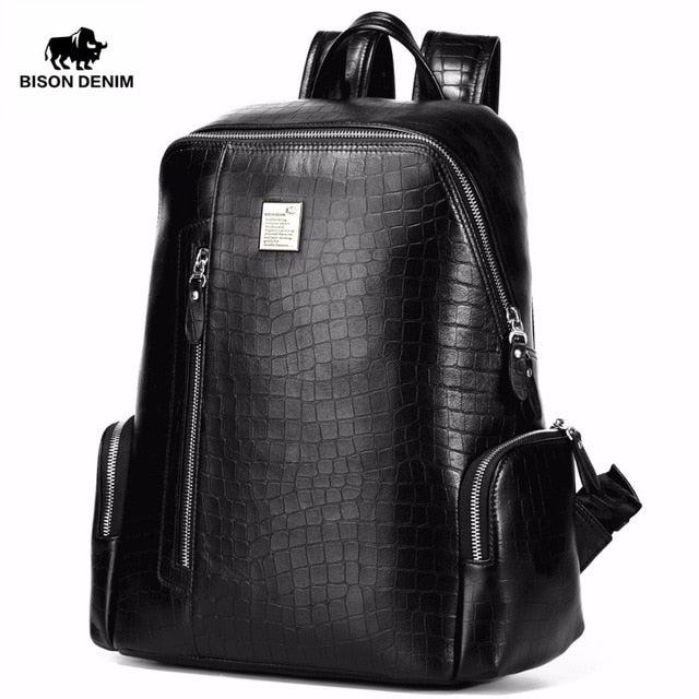 Bison Denim Genuine Leather 14" Laptop Backpacks School Backpack Male Travel Backpack Cowhide