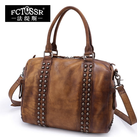 Retro Handmade Handbag Genuine Leather Top Handle Bag 2018 Cow Leather Shoulder Messenger Bag
