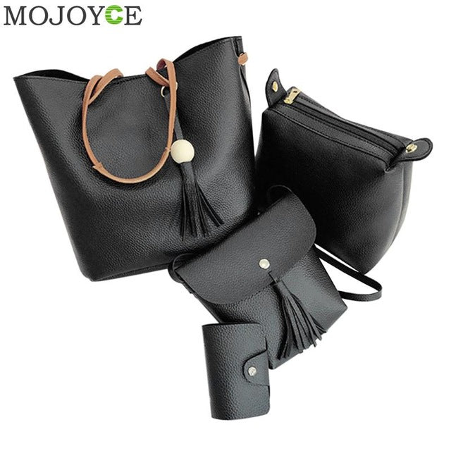 4Pcs/Set Fashion Women Bag Tassel Pure Pu Leather Composite  Bag Women Clutch Handbag Set Large