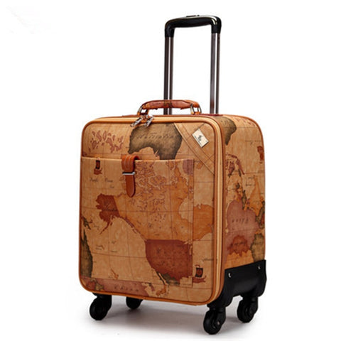 1Pc 16 18 20 Inch Map Printing Suitcase On Wheels Leather Travel Bag Trolley Board Chassis World
