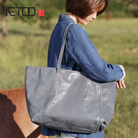 Aetoo Retro Blue Large Capacity Commuter Tote Bag Female Handbag Leather Shoulder Bag New Soft