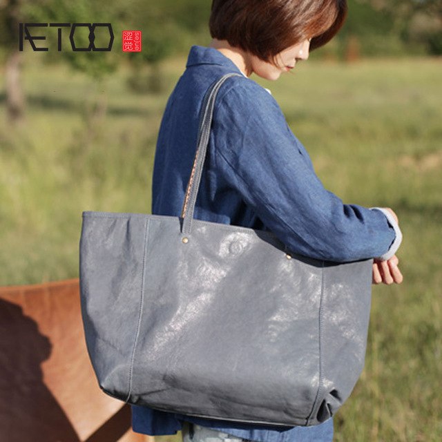 Aetoo Retro Blue Large Capacity Commuter Tote Bag Female Handbag Leather Shoulder Bag New Soft