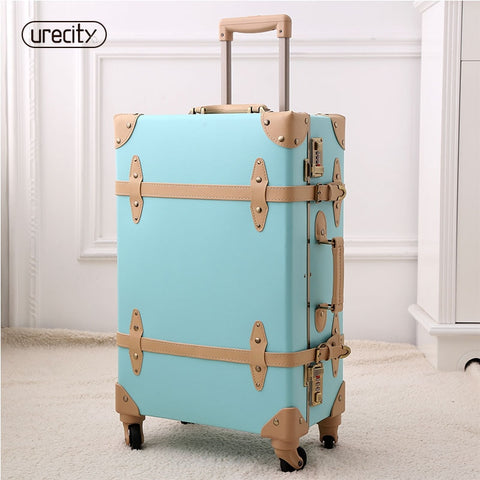 2018 Retro Luggage Spinner Rolling Pu Suitcase Hand Made Genuine Leather Travel Suitcase 20"22"