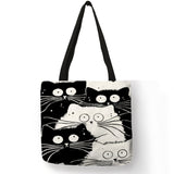 Customized Cute Cat Printing Women Handbag Linen Tote Bags With Print Logo Casual Traveling Beach