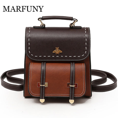 Marfuny Little Bee Vintage Pu Leather Women Backpack Simple Preppy Style Backpack Women Famous