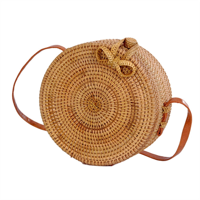 Women Crossbody Bag Round Handmade Rattan Weaving Ethnic Double Sided Oblique Shoulder Bag