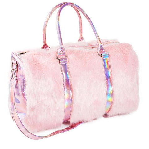 Sweet Girls Soft Rainbow Handbags Faux Fur Women Tote Bags Large Capacity Laser Symphony Pink