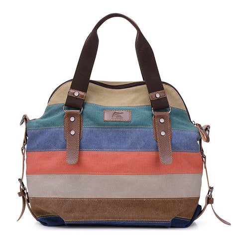 Retro Men Women Canvas Handbag Color Block Striped Shoulder Bag Crossbody Messenger Bag Tote