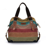 Retro Men Women Canvas Handbag Color Block Striped Shoulder Bag Crossbody Messenger Bag Tote