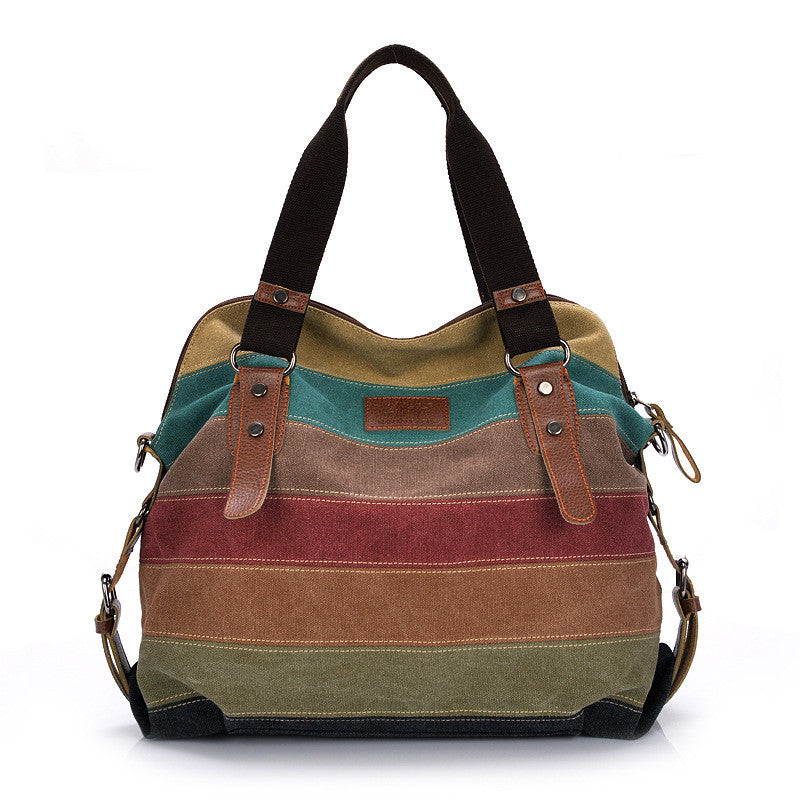Retro Men Women Canvas Handbag Color Block Striped Shoulder Bag Crossbody Messenger Bag Tote
